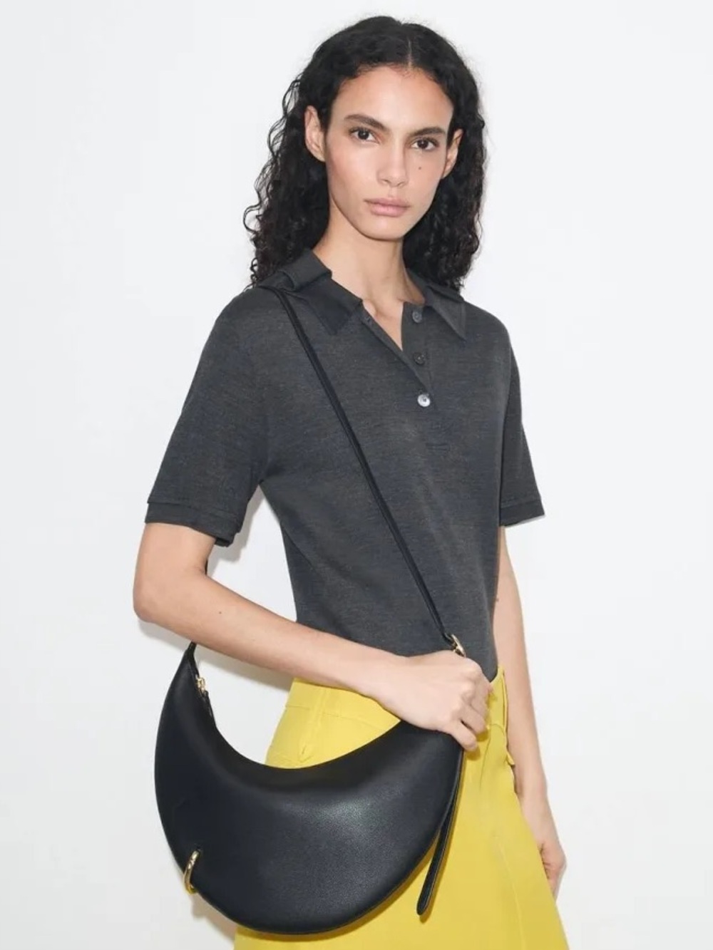 Tory Burch Pierced Crossbody Bag Black Leather Gold Ring